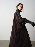 audreyyang Long Polyamide Patchwork Trench Decorative Tabs Women Black Trench Coats