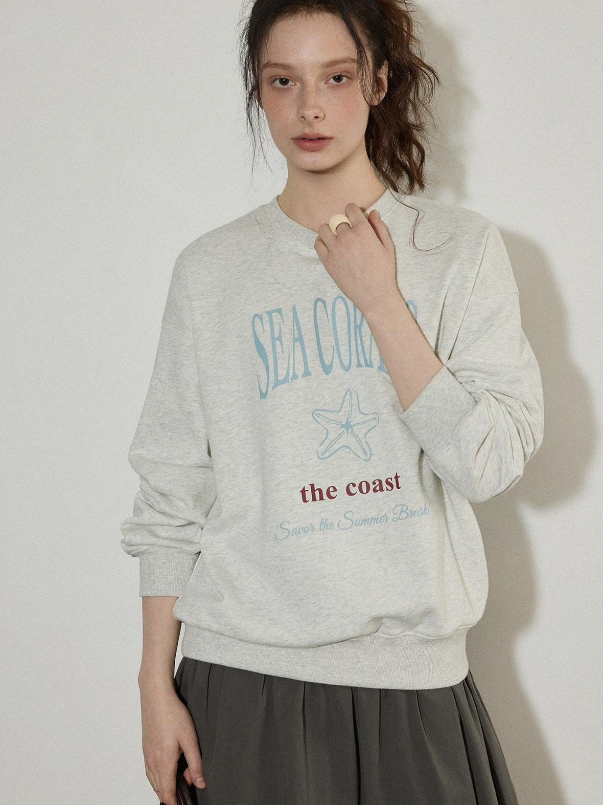 Lofi choose Cotton Blend Relaxed Crewneck Women Office Letter Print Blue Grey Sweatshirt