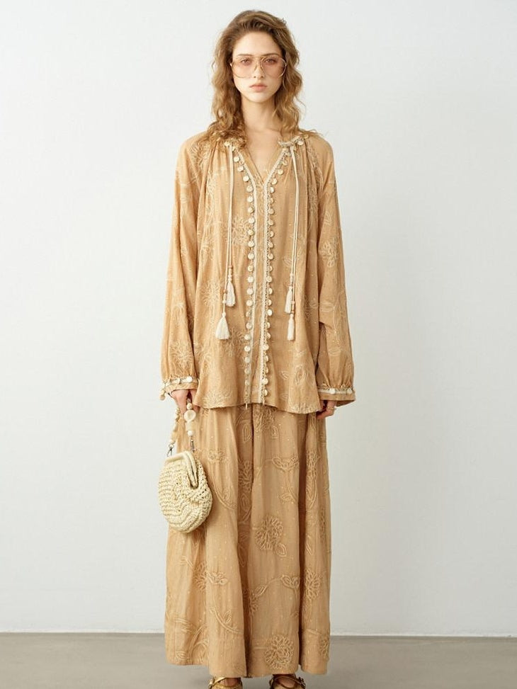 audreyyang Breathable Cotton Floral Natural Waist Office Khaki Wide Leg Pants