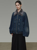 unspoken Warm Cotton Blend Loose Commuter Zipper Fur Collar Blue Gray Denim Jackets