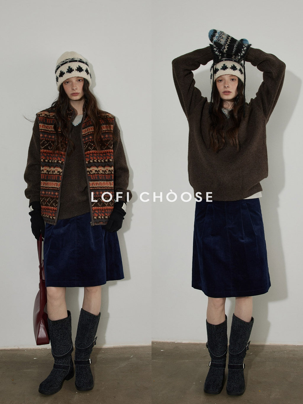 Lofi choose Soft Acrylic V-neck Loose Fit Office Knit Pullover Grey Brown Sweaters