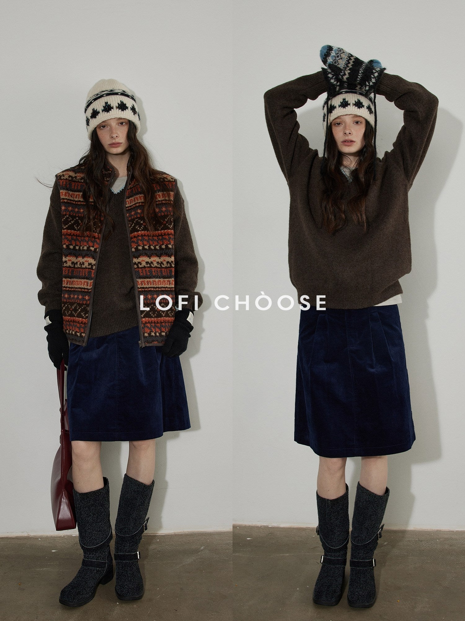 Lofi choose Soft Acrylic V-neck Loose Fit Office Knit Pullover Grey Brown Sweaters