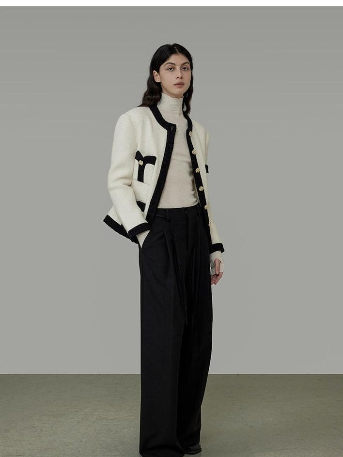unspoken Black White Colorblock Office Loose Cropped Round Neck Buttoned Knit Cardigans