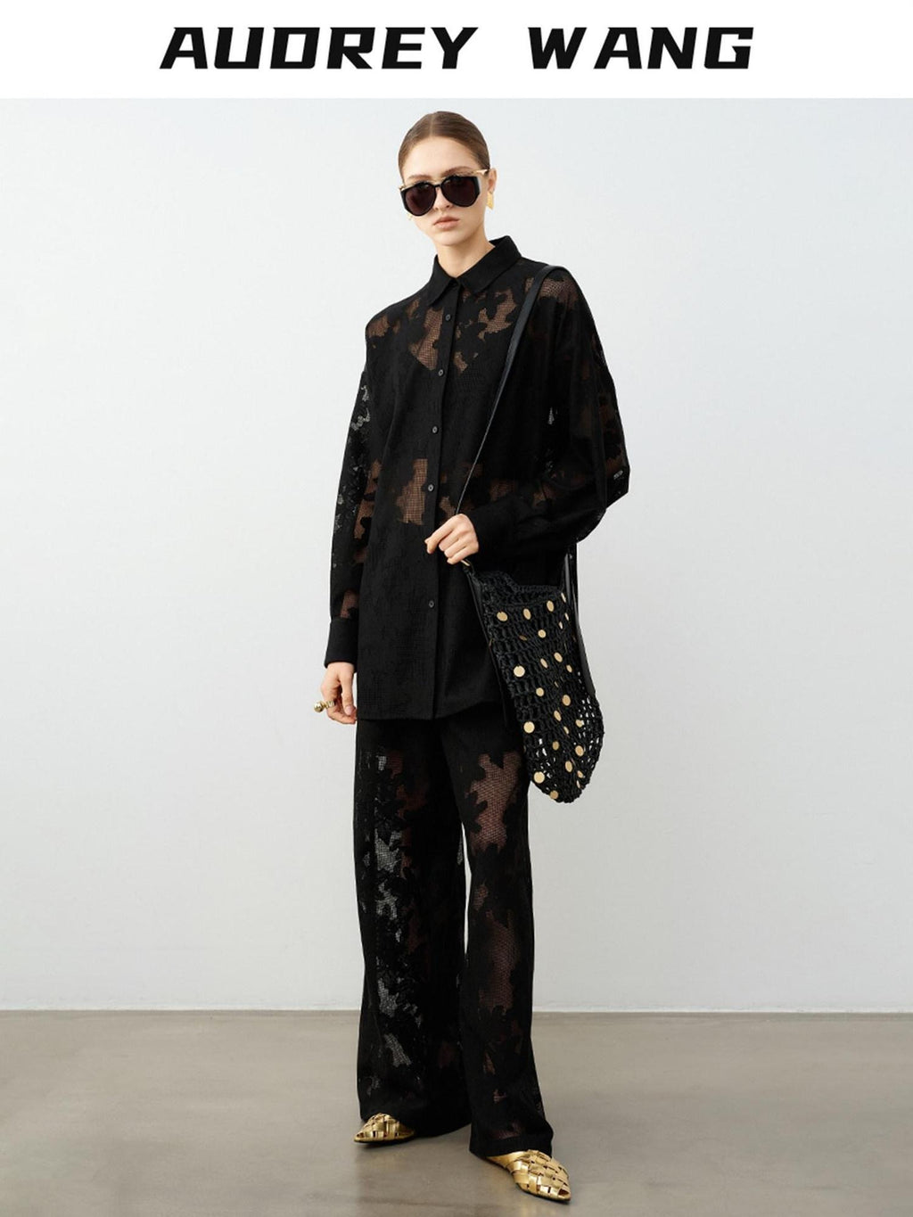 audreyyang Lightweight Shape Retention Lace Polo Loose Fit Women Cotton Top & Pants Sets