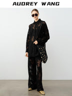 audreyyang Lightweight Shape Retention Lace Polo Loose Fit Women Cotton Top & Pants Sets