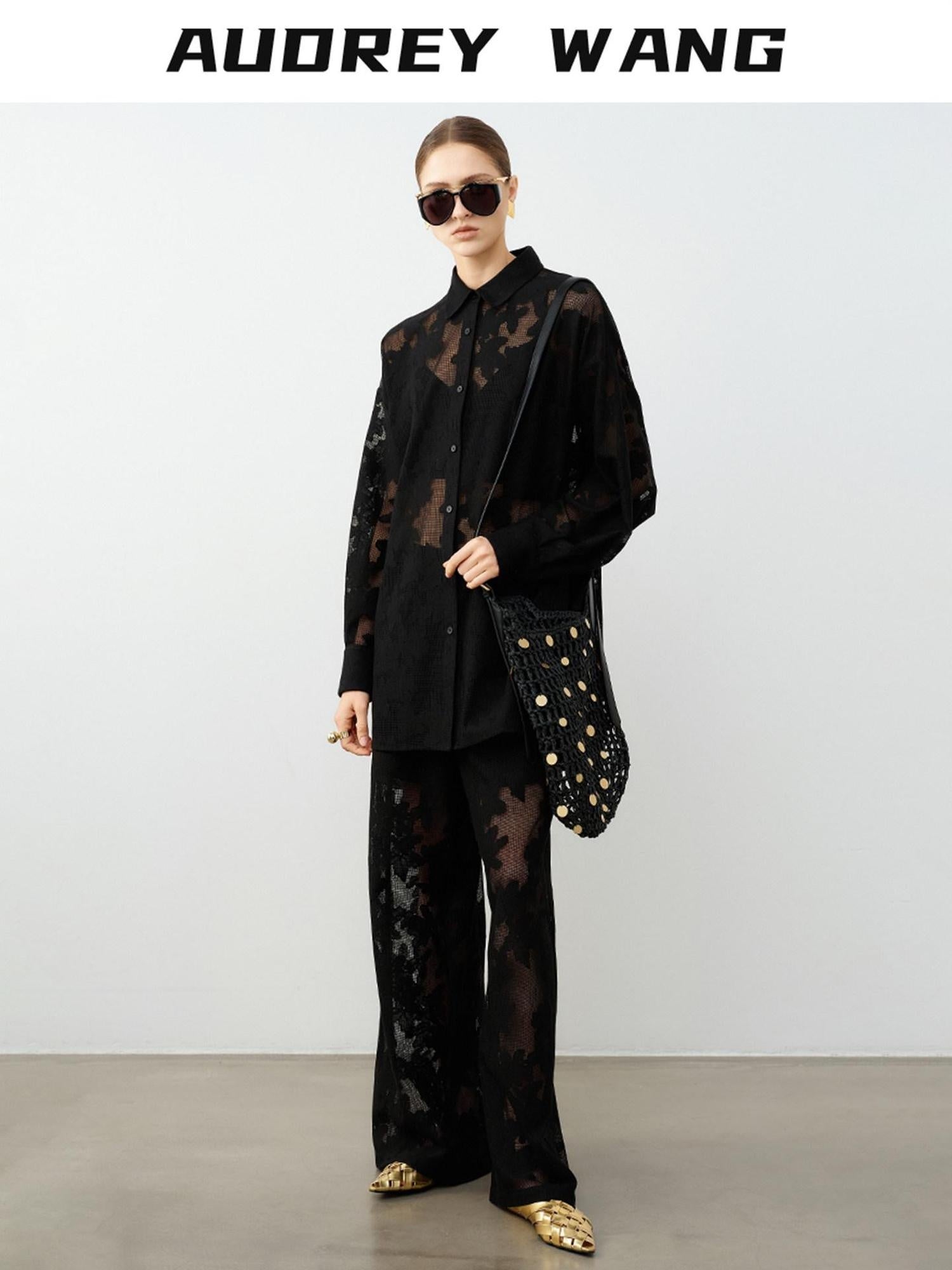 audreyyang Lightweight Shape Retention Lace Polo Loose Fit Women Cotton Top & Pants Sets