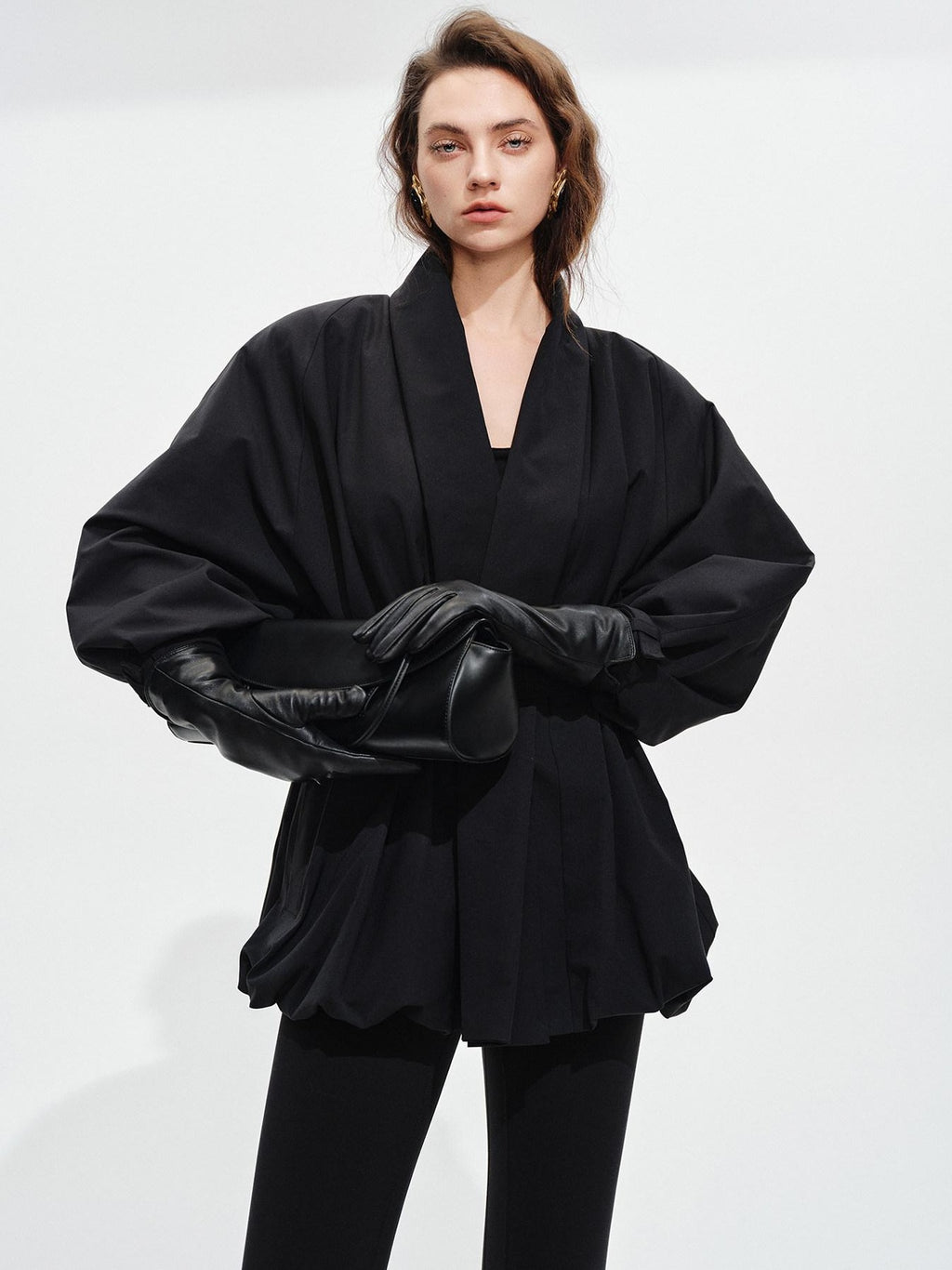 audreyyang Tie Front Vintage Oversized Batwing Sleeve Women Polyester Cropped Jackets