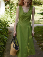 fano Cotton High Waist Pleated Minimal A Line Square Neck Women Maxi Dresses