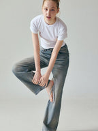 fano Vintage Blue Green Micro Stretch Natural Waist Relaxed Casual Straight Leg Jeans