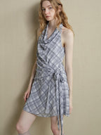 someonesometimes Lightweight Halter Tie Plaid Office Regular Fit Cornflower Blue Midi Dresses