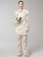 audreyyang Cotton Hollowout Loose Notched Lapel Workwear Women White Suit Top & Pants Sets