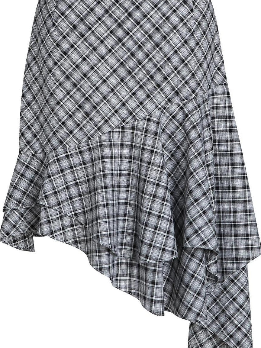 fano Plaid Asymmetric Hem Mid Waist Loose Casual Women Polyester Blend Midi Skirts