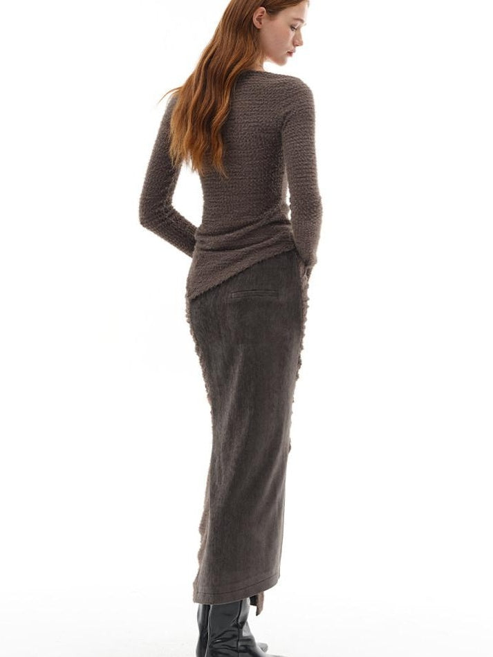 someone sometimes Slim Knit Minimal Casual Crewneck Long Sleeve Women Gray Top & Skirt Sets