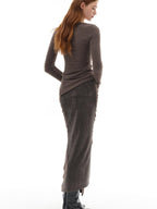 someone sometimes Slim Knit Minimal Casual Crewneck Long Sleeve Women Gray Top & Skirt Sets