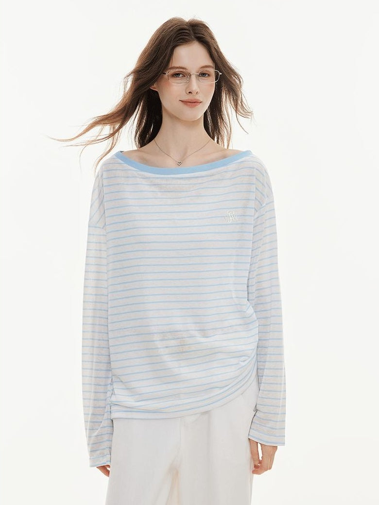 ikyou Cooling Lyocell Loose Embroidered Women Blue Striped Long Sleeve T-Shirts