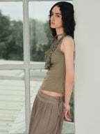someonesometimes Light Lyocell Slim Ruffle Tie Cami Workwear Women Olive Green Tank Tops
