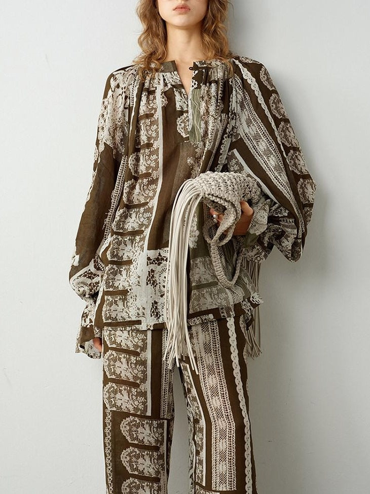 audreyyang Sustainable Viscose Ramie Printed Loose V-neck Long Sleeve Women Blouses