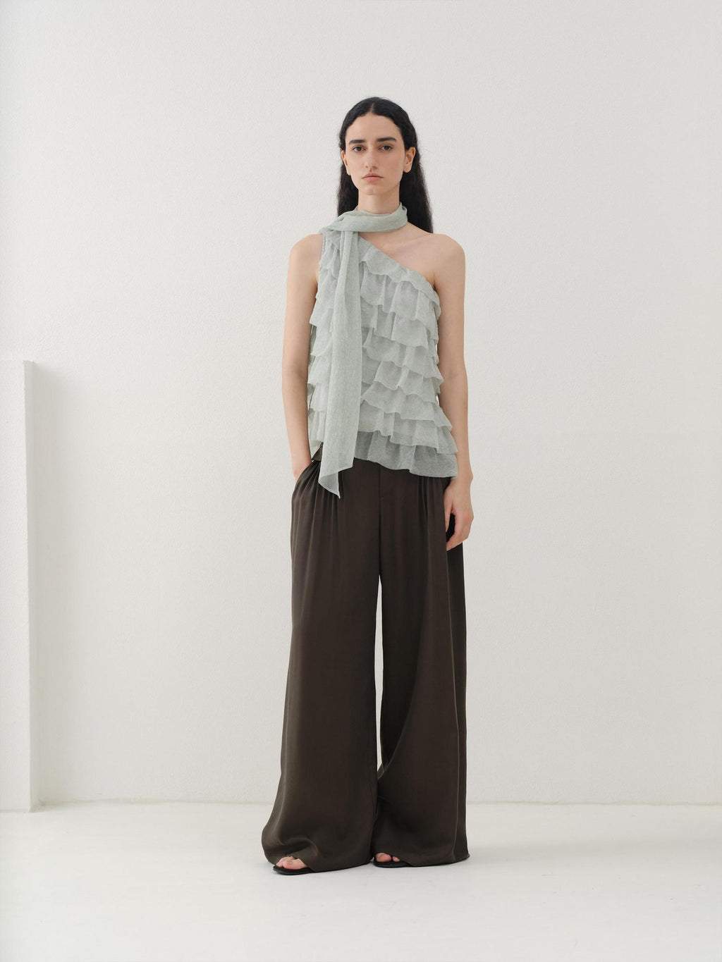 someonesometimes Sheer Mesh Wave Tie Lightweight Workwear Women Mint Green Off Shoulder Crop Tops