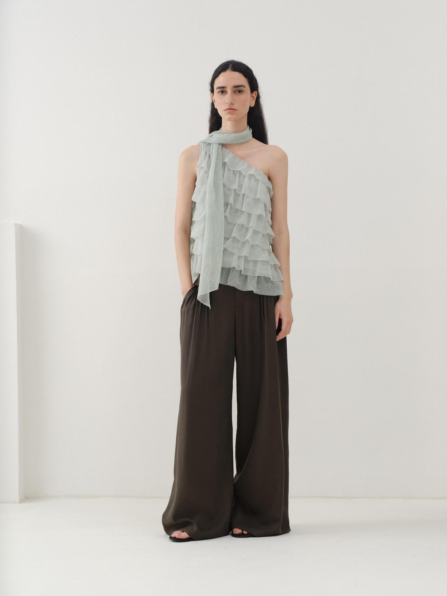 someonesometimes Sheer Mesh Wave Tie Lightweight Workwear Women Mint Green Off Shoulder Crop Tops