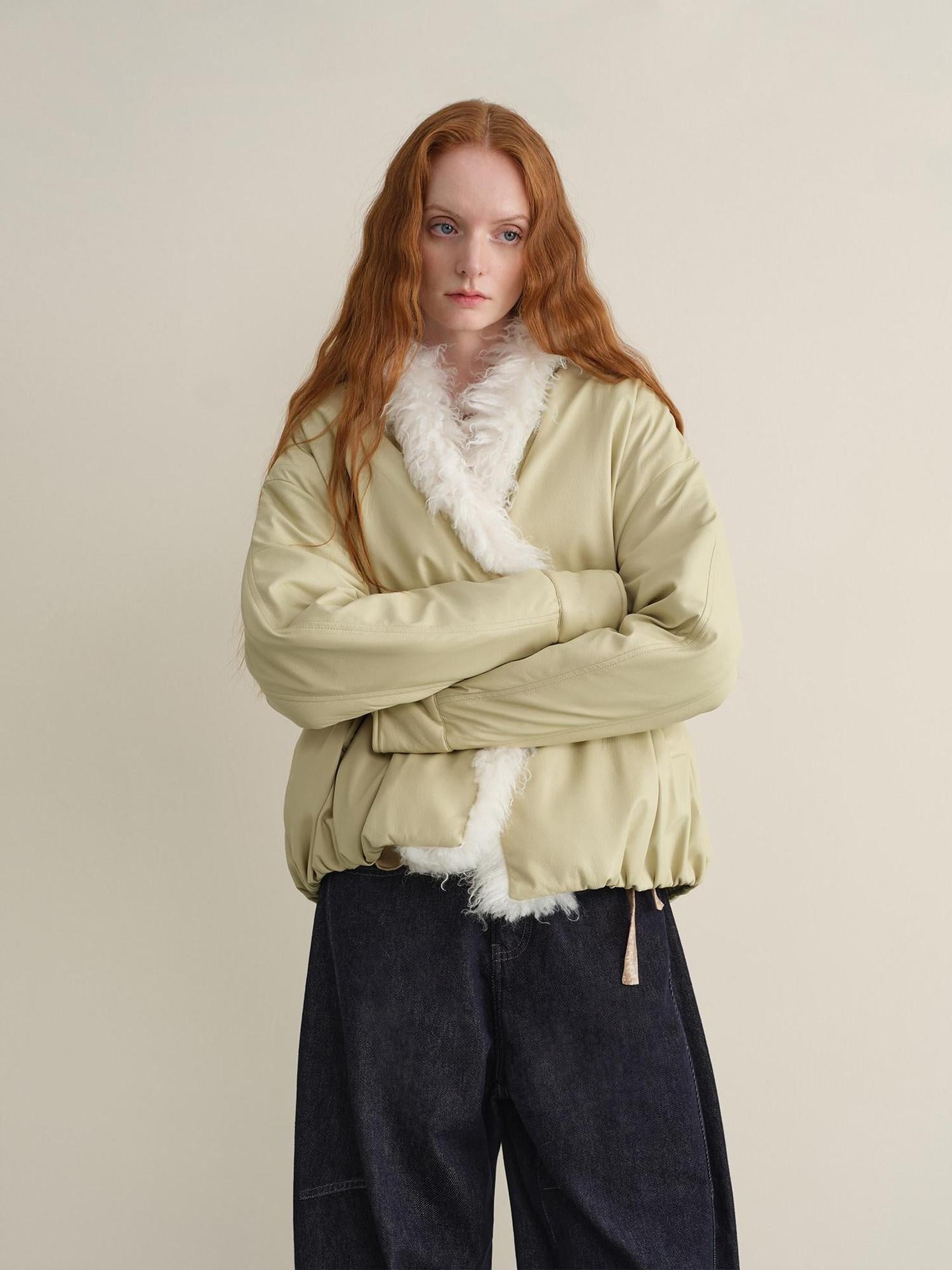 someone sometimes Vintage Oversized Patchwork Pu Lapel Women Reed Yellow Leather Jackets