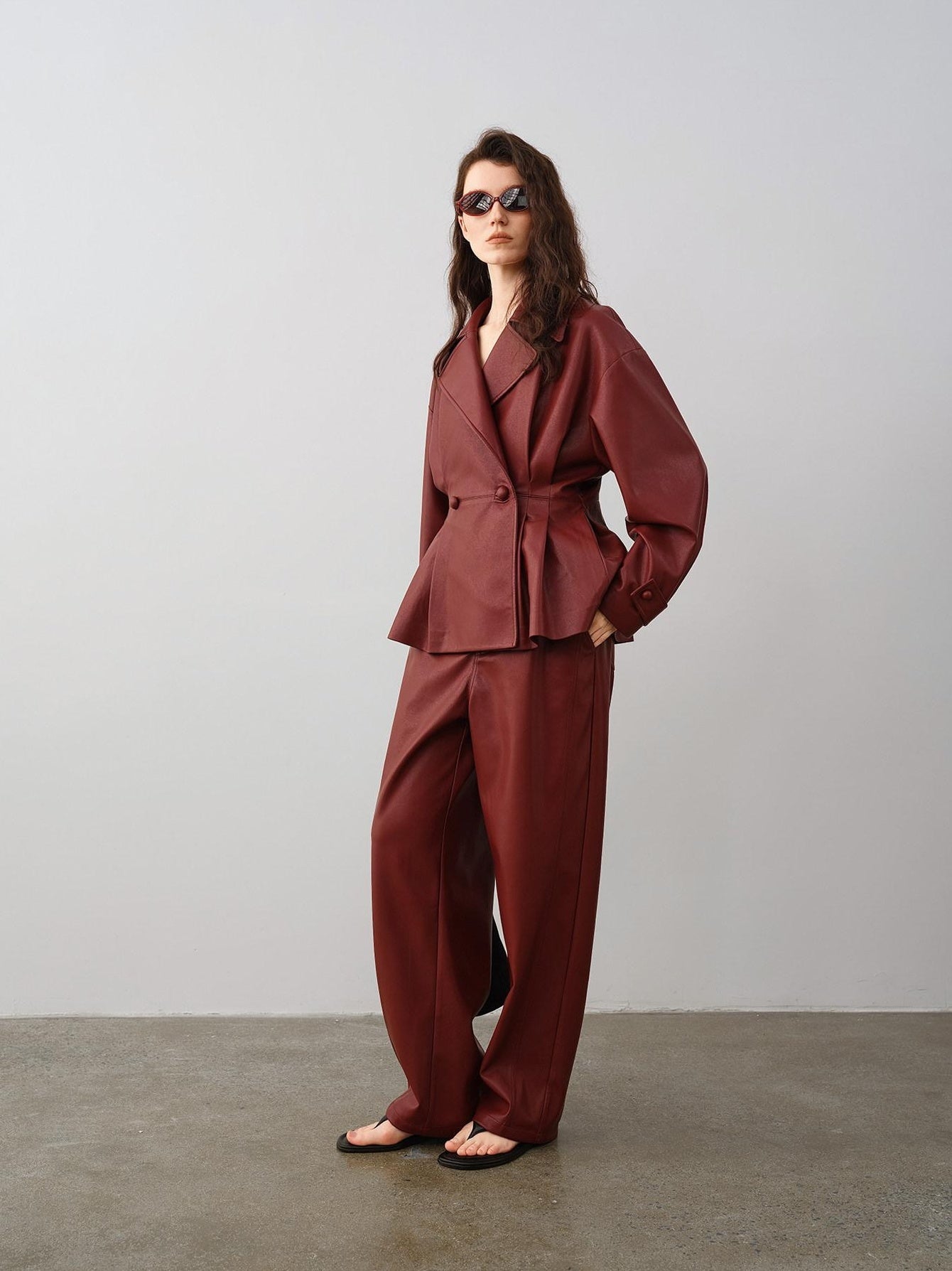 audreyyang 100 Percent Polyester Loose Fit Burgundy Women Wide Leg Pants