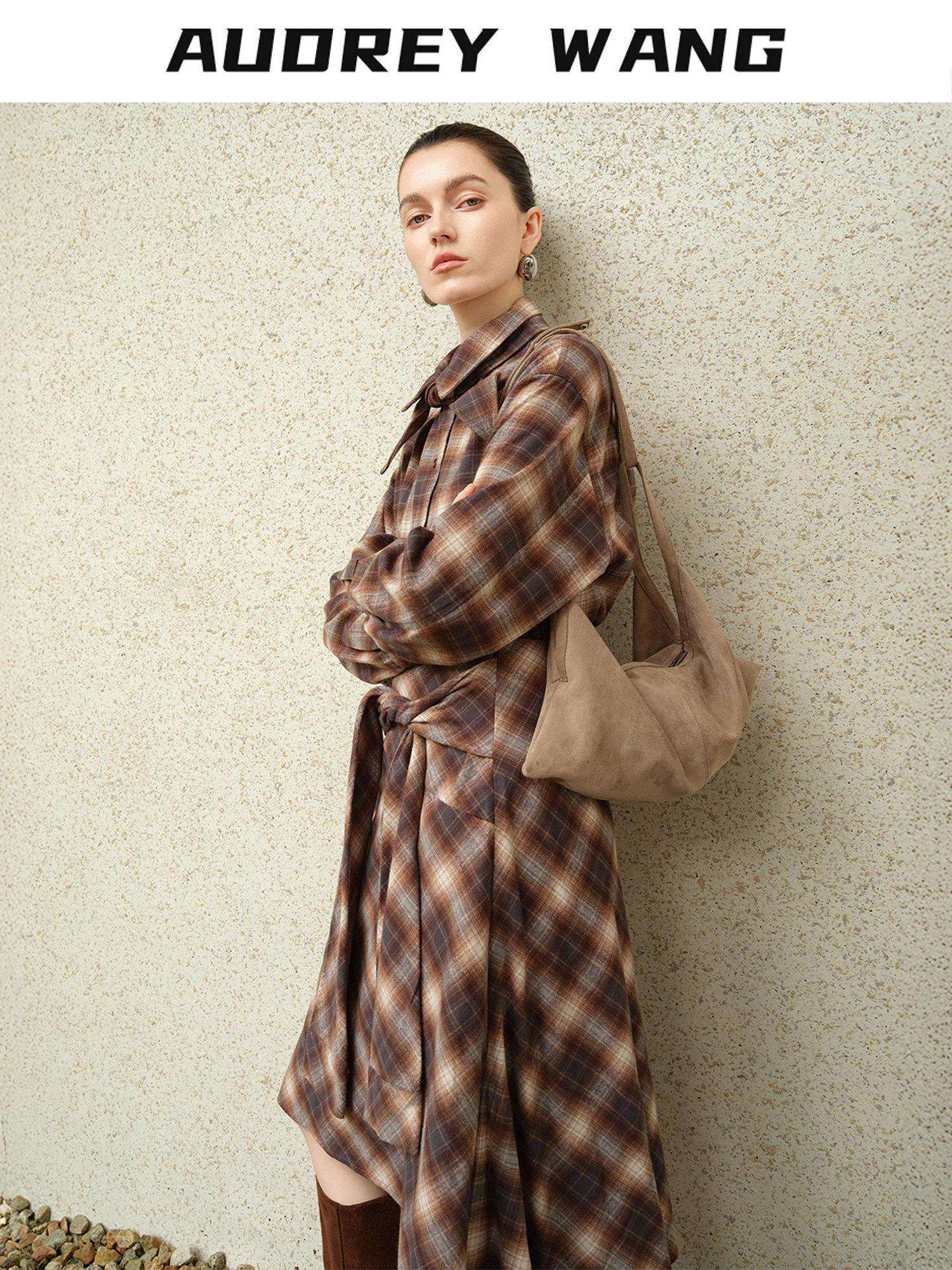 audreyyang Brushed Cotton Sunset Orange Belted Plaid Cardigan Women Top & Skirt Sets