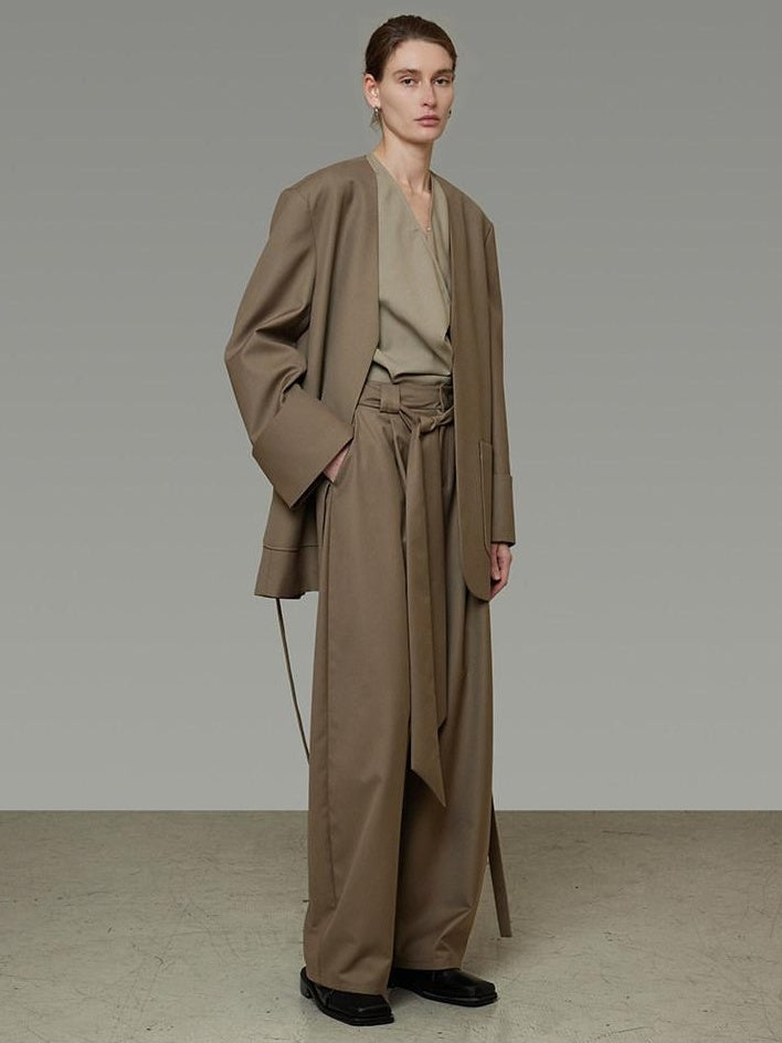 unspoken Minimal Slim Tailored Blazer High Waist Long Pants Women Brown Top & Pants Sets