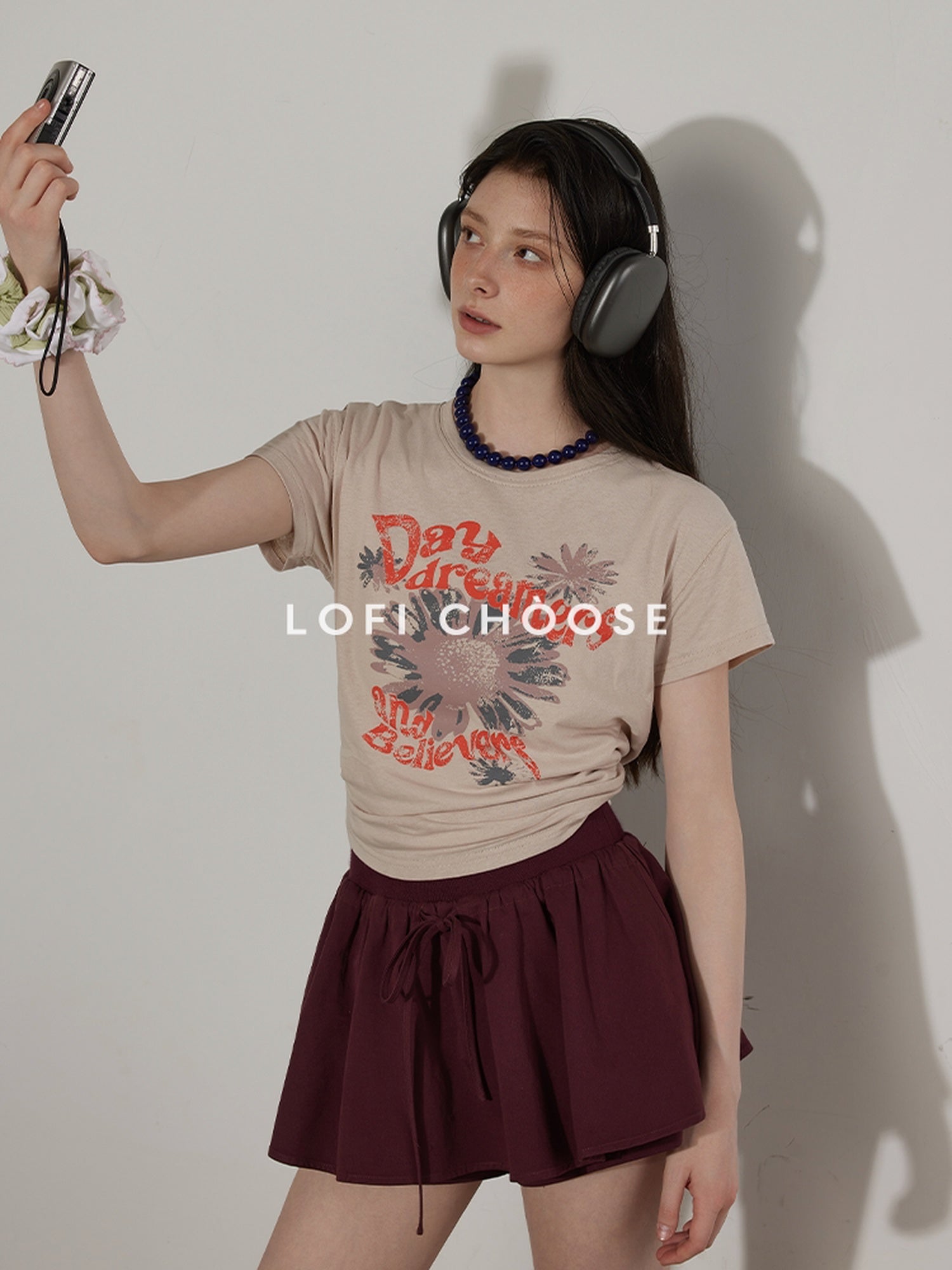 Lofi choose Cotton Floral Printed Loose Casual Round Neck Women Blue Short Sleeve T-Shirts