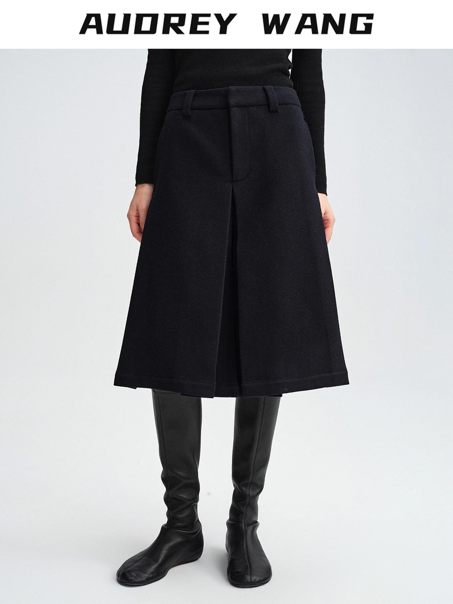 audreyyang Pure Wool Casual Loose Natural Waist Zipper Women Black Mid-Length Shorts