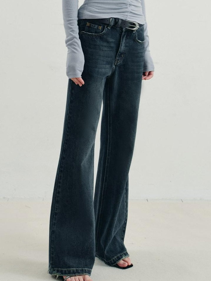 someonesometimes Vintage Washed Low Rise Distressed Denim Stretch Women Deep Indigo Flared Jeans