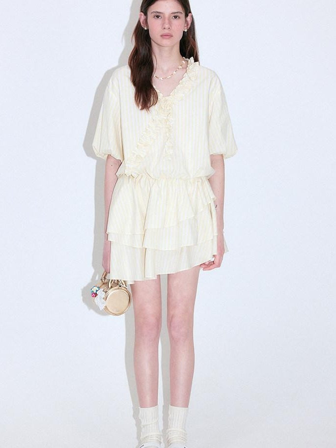 fano Pure Cotton High Waist Ruffle Puff Sleeve V-neck Yellow Striped Midi Dresses