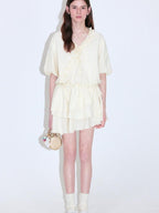 fano Pure Cotton High Waist Ruffle Puff Sleeve V-neck Yellow Striped Midi Dresses