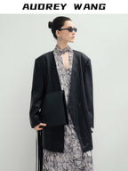 audreyyang Pu Leather Mid Length V-neck Oversized Workwear Office Casual Blazers
