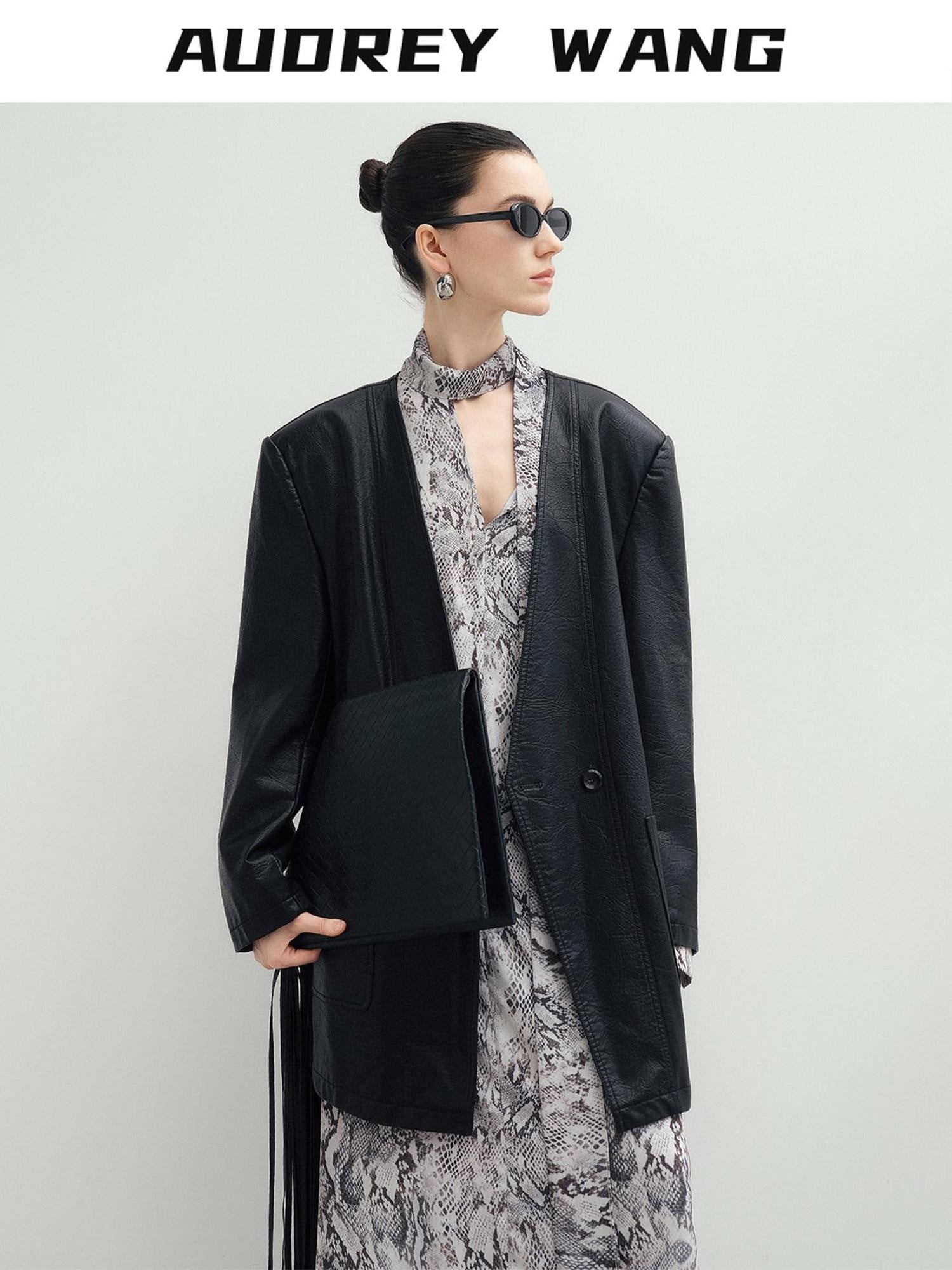audreyyang Pu Leather Mid Length V-neck Oversized Workwear Office Casual Blazers