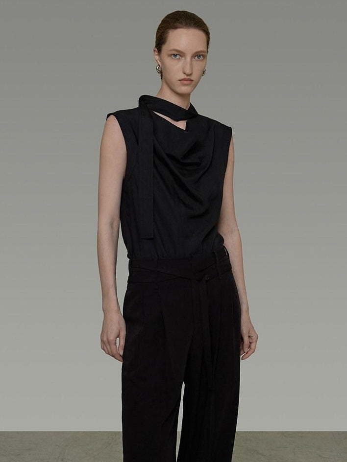 unspoken Breathable Viscose Tie Neck Sleeveless Loose Commuter Chic Women Black Blouses