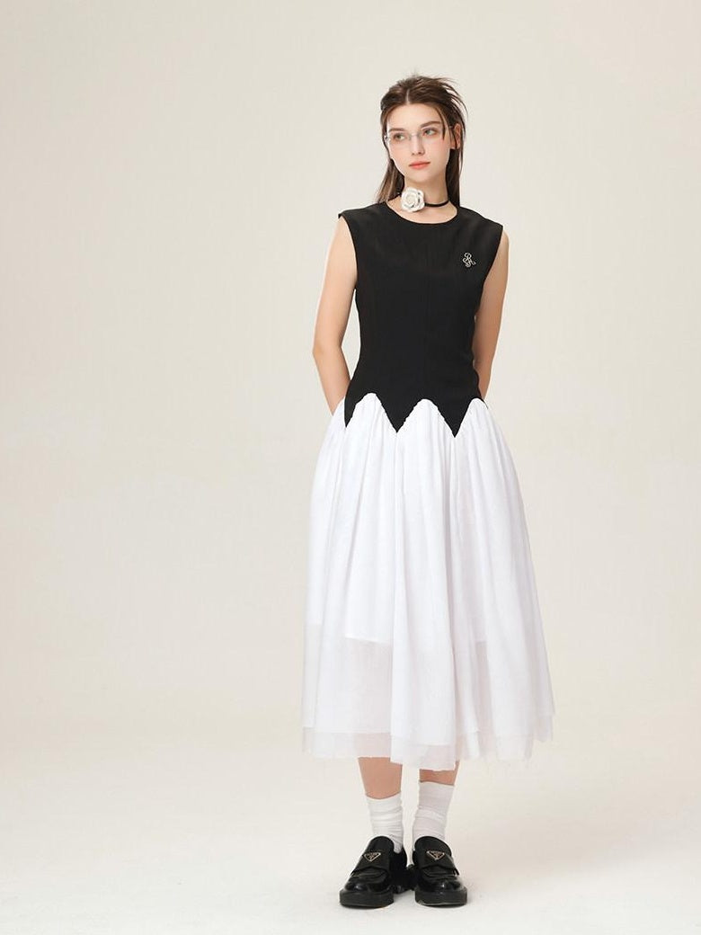 ikyou Office Minimal 3D Detail A Line Sleeveless Round Neck Black White Maxi Dresses