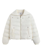 ikyou Warm Thick Commuter Loose Pocket Embroidery Zipper White Padded Puffer Jackets