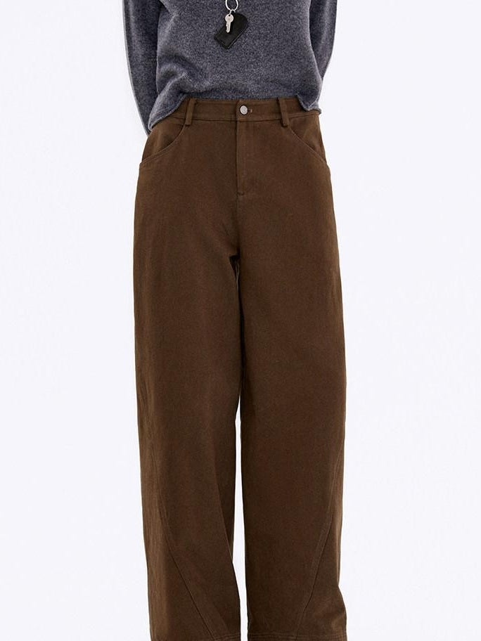 fano Warm Brushed Cotton Relaxed Straight Pocketed Natural Waist Brown Wide Leg Pants