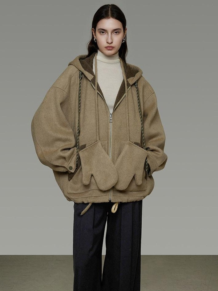 unspoken Premium Sheepswool Minimal Commuter Loose Fit Hooded Zip For Women Wool Coats