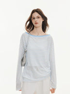 ikyou Cooling Lyocell Loose Embroidered Women Blue Striped Long Sleeve T-Shirts