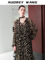 audreyyang Soft Viscose Ruffle Casual A Line Zebra V-neck Long Sleeve Maxi Dresses