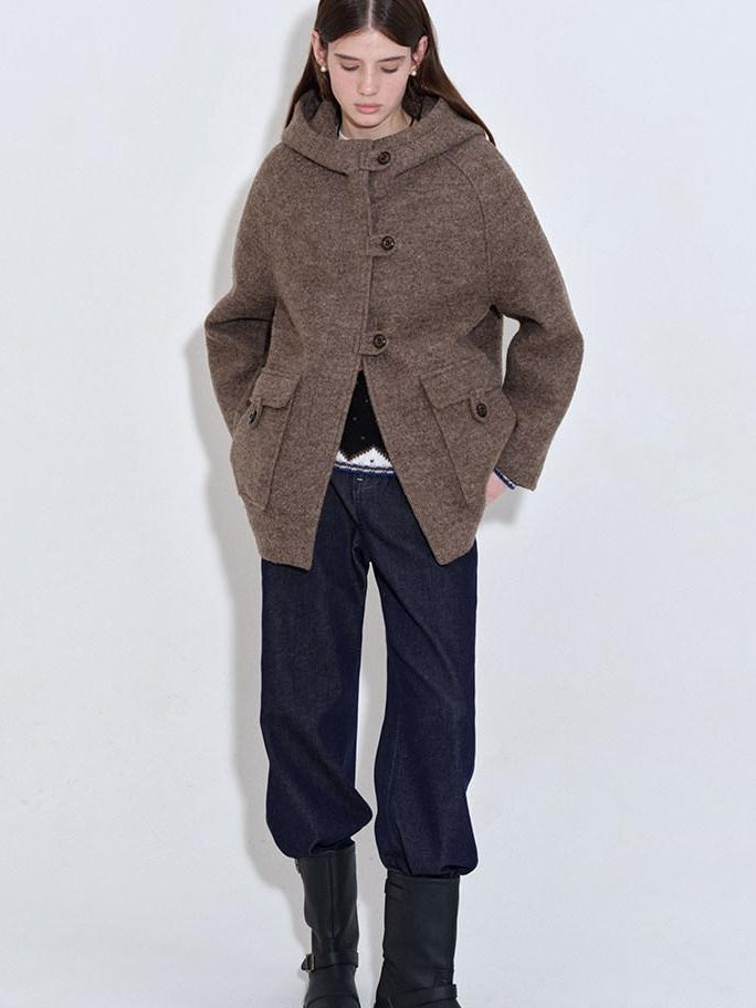 fano 75 Wool 25 Polyester Hooded Loose Fit Korean Commuter Brown Wool Coats