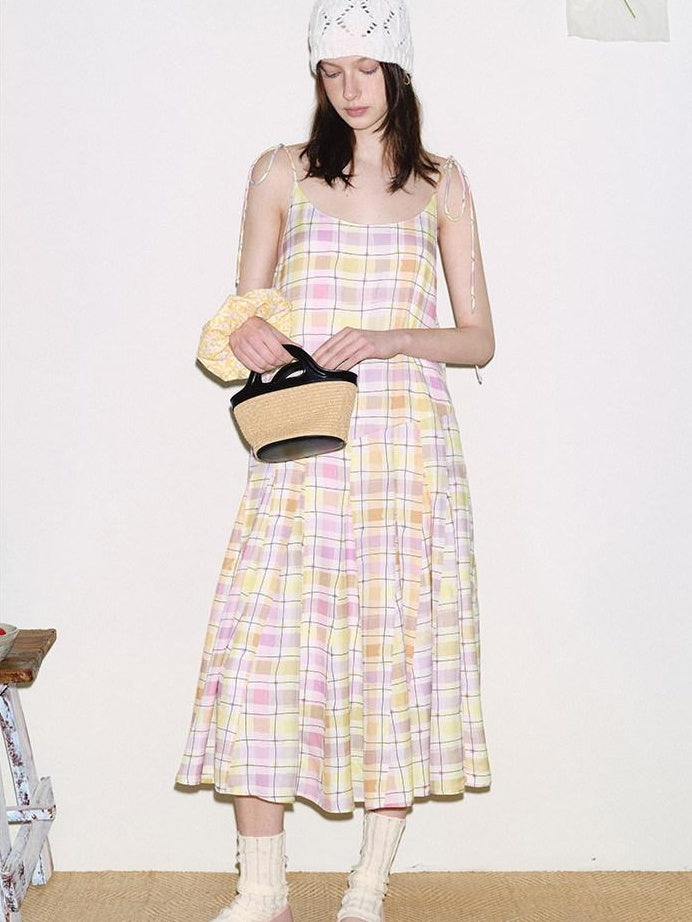 fano Viscose Printed Purple Yellow Check A Line Camisole Korean Commuter Maxi Dresses