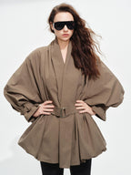 audreyyang Tie Front Vintage Oversized Batwing Sleeve Women Polyester Cropped Jackets