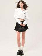 ikyou Embroidered Square Neck Long Sleeve Straight Minimal Poly Cotton Basic Crop Tops