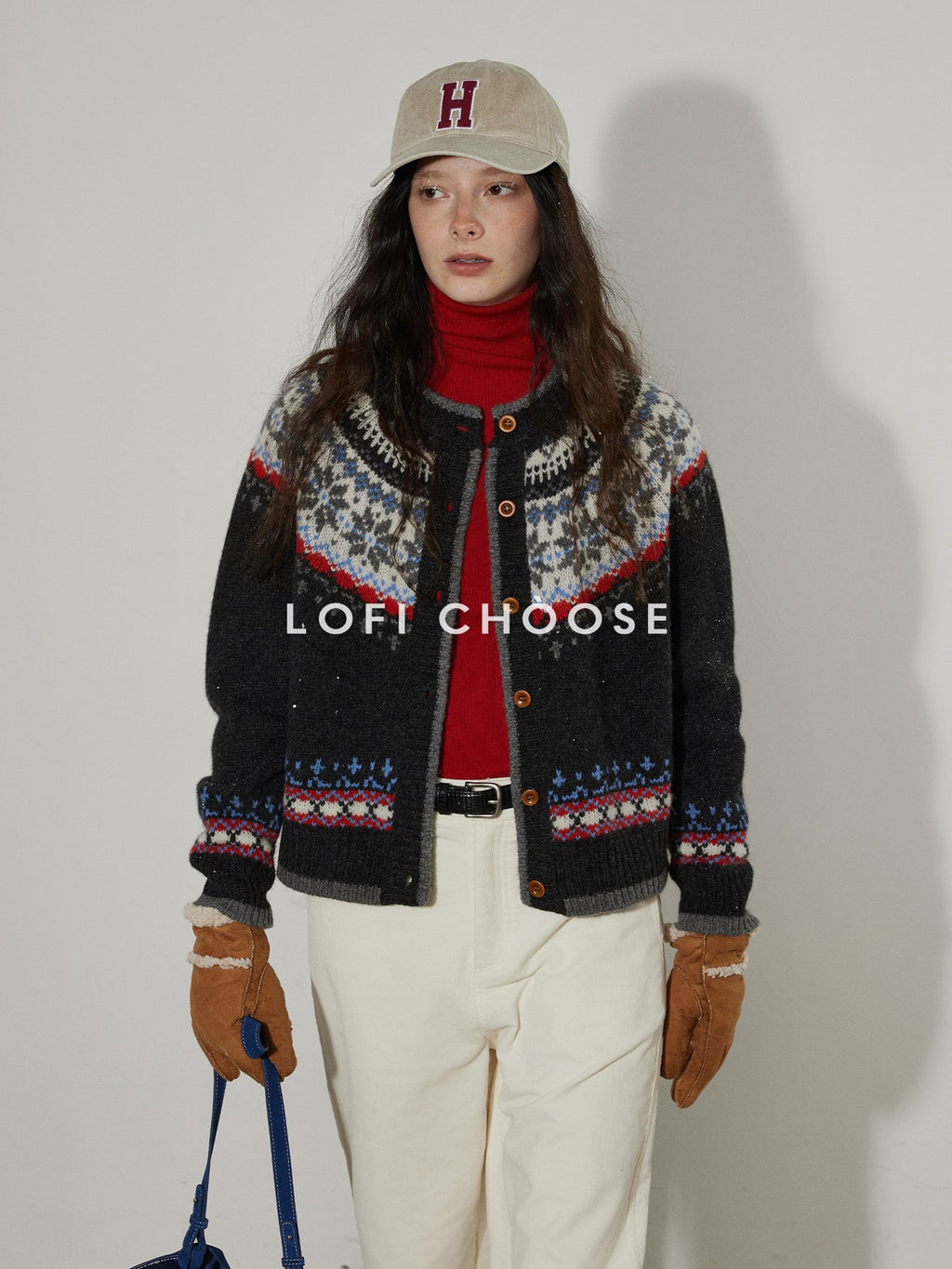 Lofi choose Lightweight Geometric Button Round Neck Loose Fit Office Women Knit Cardigans