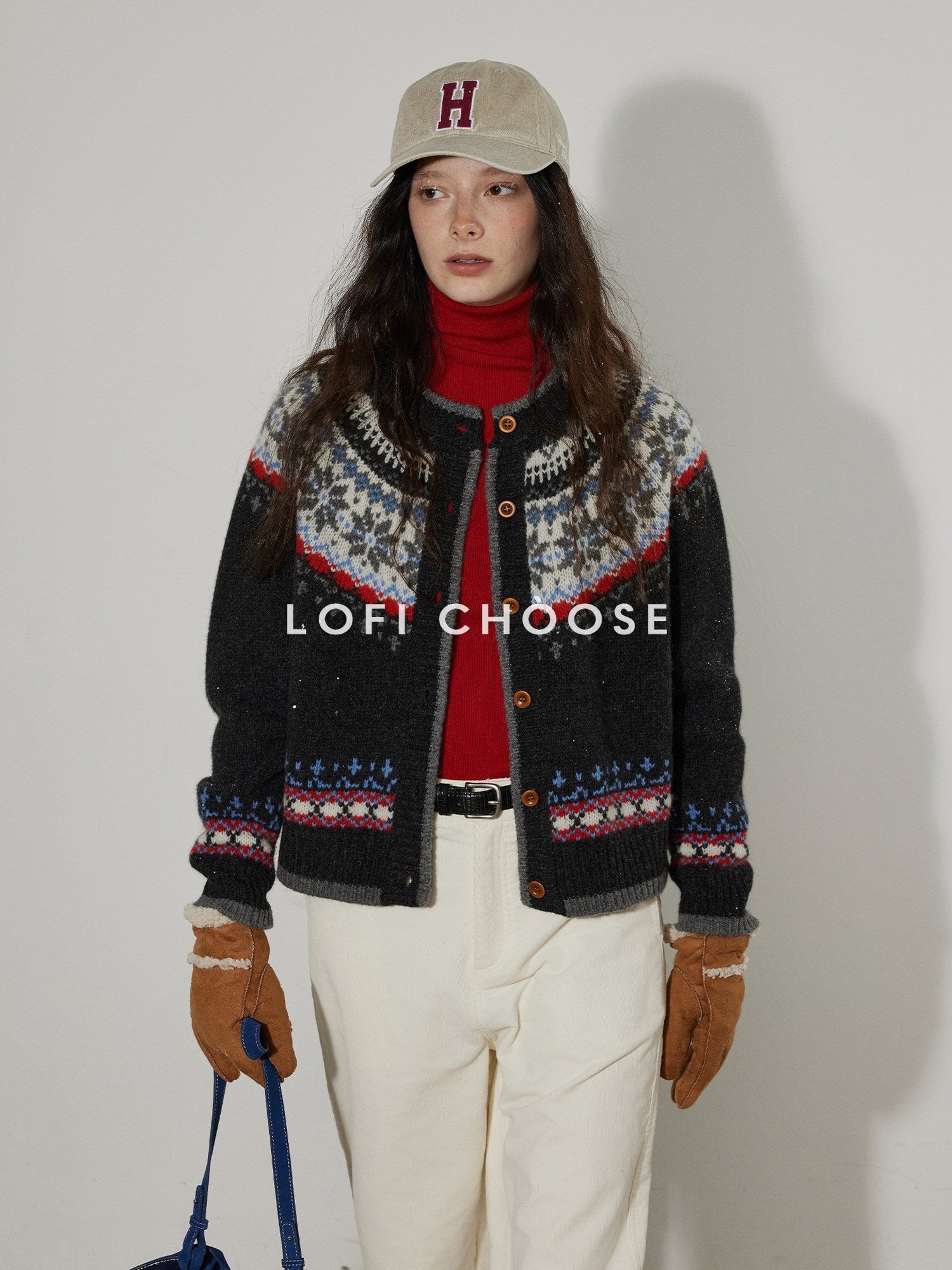 Lofi choose Lightweight Geometric Button Round Neck Loose Fit Office Women Knit Cardigans