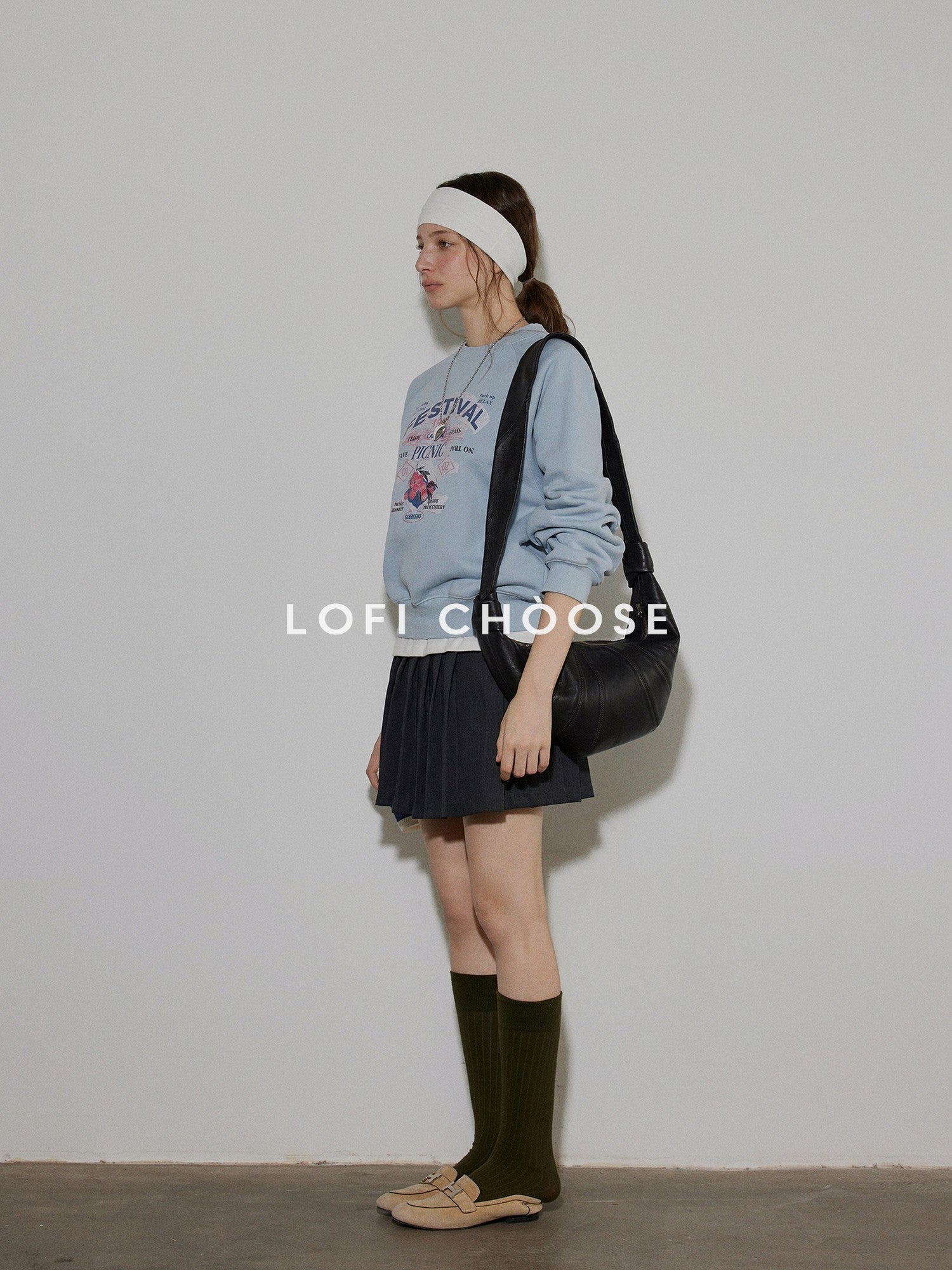 Lofi choose 100% Cotton Loose Fit Crewneck Pullover Commuter Women Blue Gray Sweatshirt