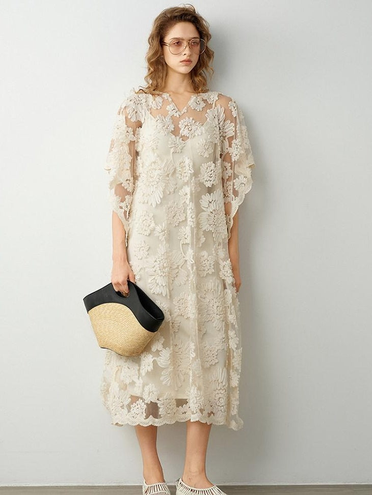 audreyyang Comfortable Polyester Insta Loose Fit V-neck Short Sleeve A Line Maxi Dresses