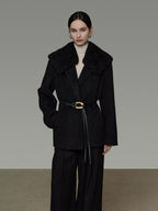 unspoken Fur Collar Thick Mid Length Loose Fit Minimalist Commuter Black Wool Long Coats